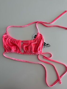 NWT Neon Pink Velour Ruched String Bikini Top